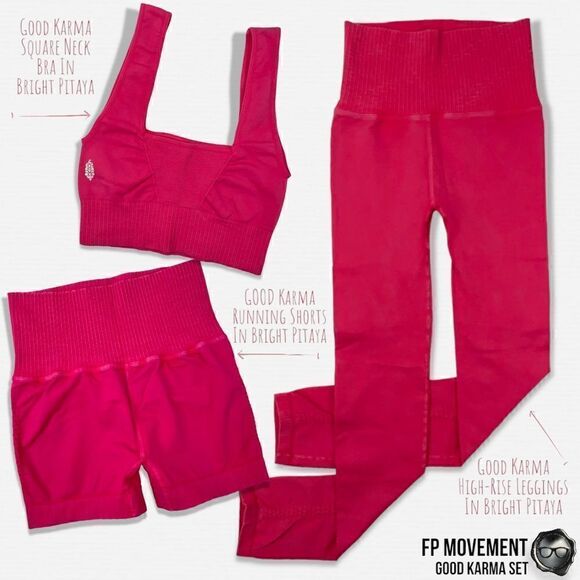 FP MOVEMENT GOOD KARMA SET: SQUARE NECK BRA + RUNNING SHORTS + LEGGINGS IN PINK - Picture 1 of 16